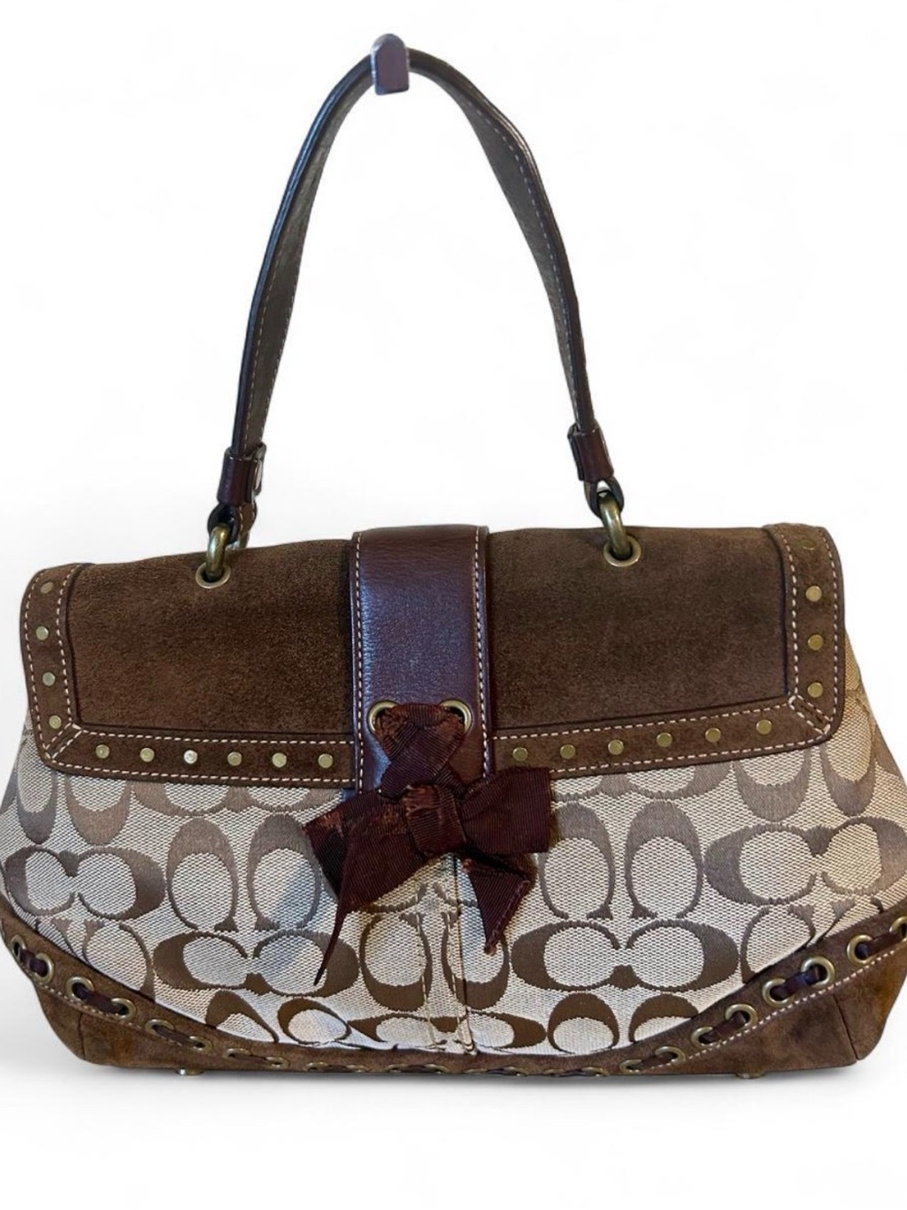 Coach Soho Shoulder Bag with Studs Suede Leather Jacquard and Bow 2004 7059 - Picture 2 of 8